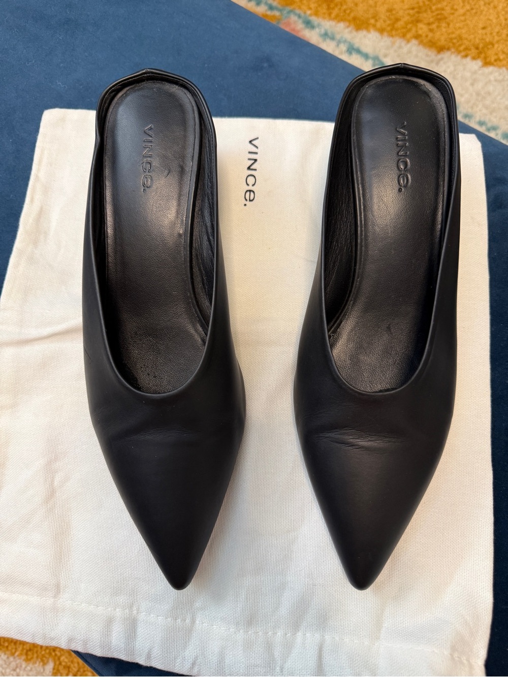 Vince Black Leather Pointed Slip-On Mules